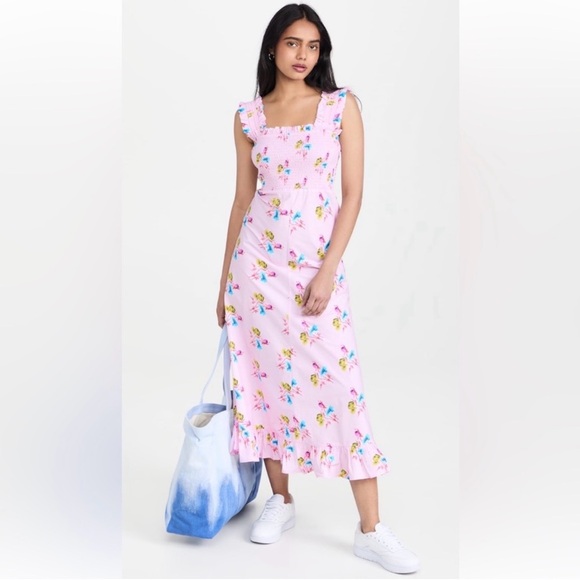 GANNI | Smocked Pink Floral Midi Dress, Size FR 34/US 2 100% Cotton - Picture 3 of 14